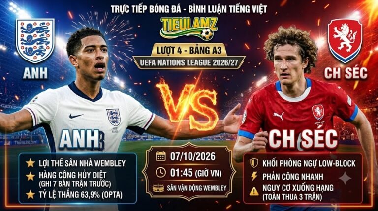 Nhận định bóng đá Anh vs CH Séc (01h45 ngày 7/10) tại UEFA Nations League 2026/27. Cuộc đối đầu tâm điểm tại thánh địa Wembley trên sóng trực tiếp Tiếu Lâm TV.