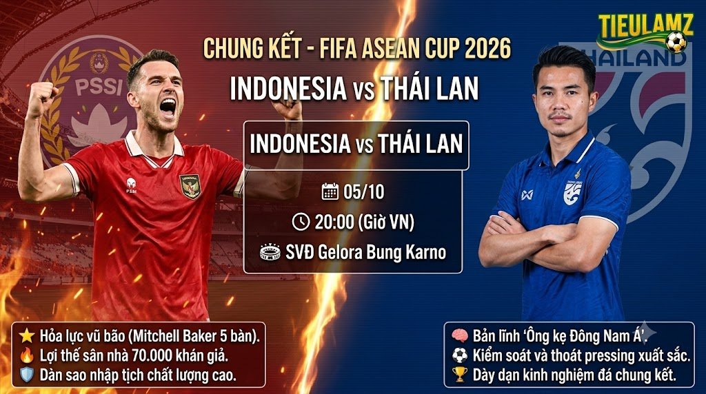 Nhận định trực tiếp trận chung kết rực lửa Indonesia vs Thái Lan giải FIFA ASEAN Cup 2026 trên TieuLamTV.