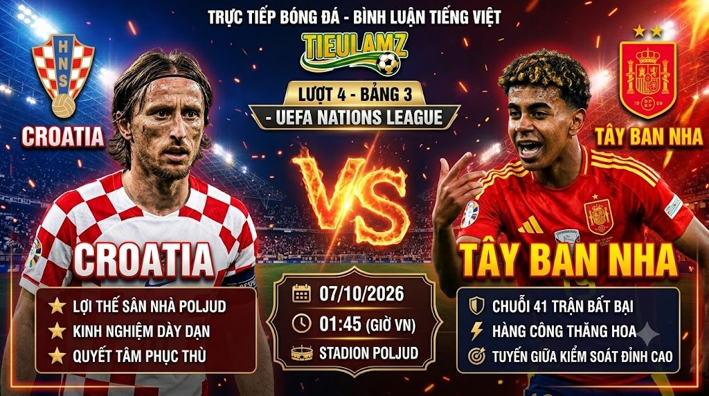 Nhận định bóng đá Croatia vs Tây Ban Nha (01h45 ngày 7/10) tại UEFA Nations League. Cuộc đối đầu tâm điểm giữa Luka Modric và Lamine Yamal trên sóng trực tiếp TieuLamTV.